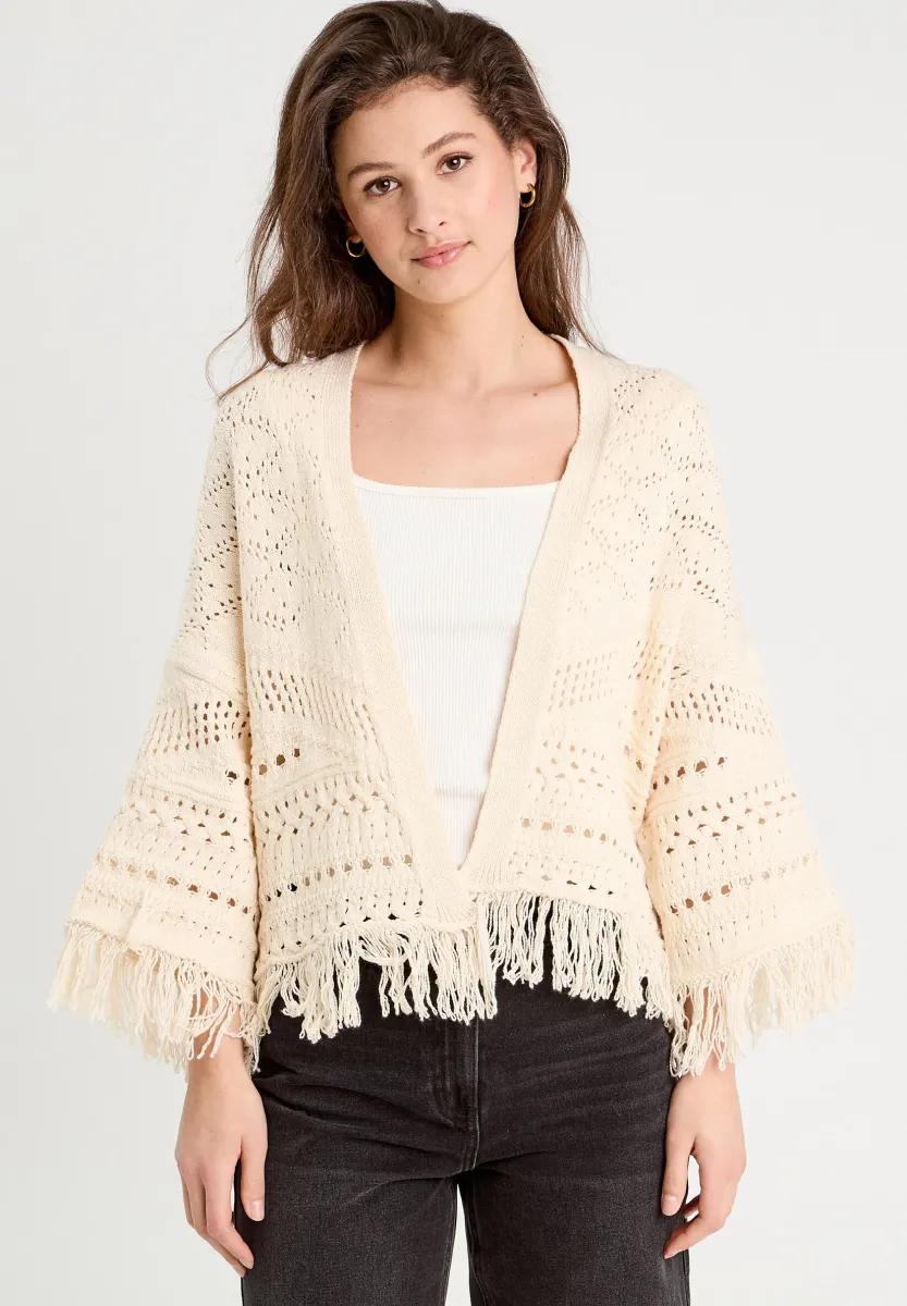 LÖCHER-MIT FRANSEN - Strickjacke - ecru