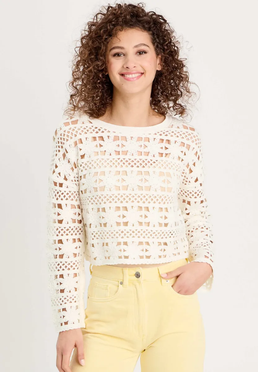 LOCHMUSTER IM HÄKELLOOK - Strickpullover - ecru