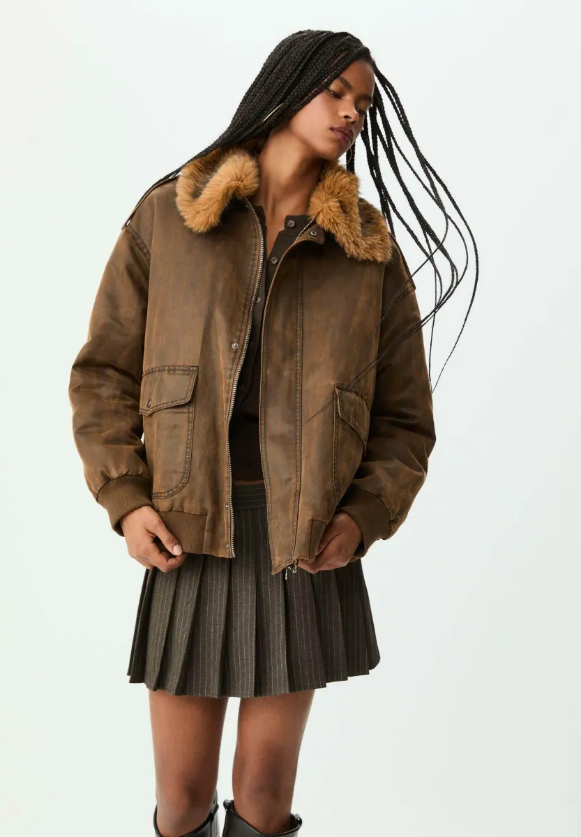 LONG CONTRAST - Kunstlederjacke - dark brown