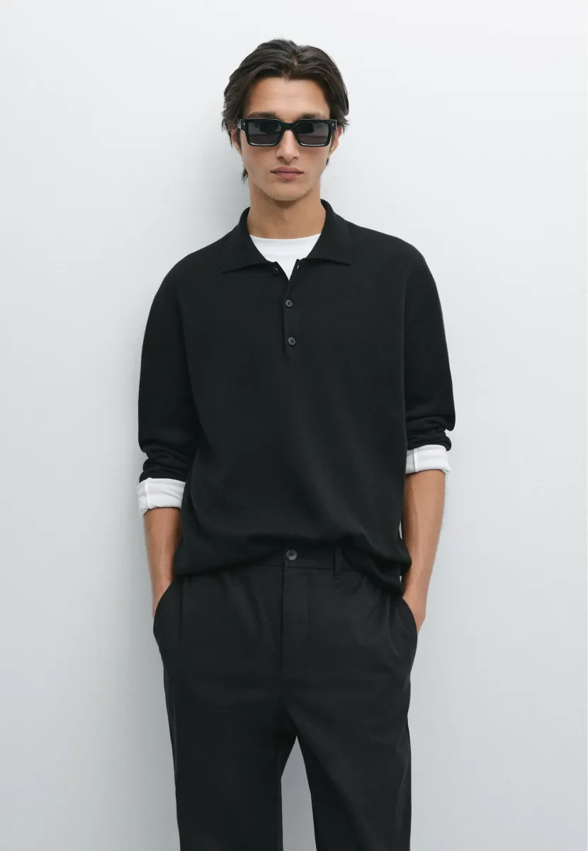 LONG SLEEVE POLO COLLAR - Strickpullover - black