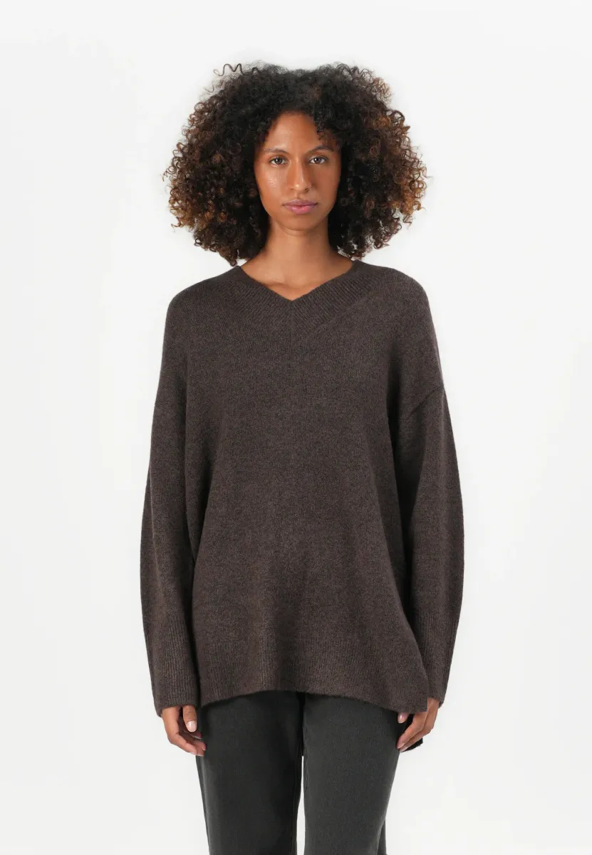 LONG V NECK PULLOVER - Strickpullover - soft chocolate brown melange