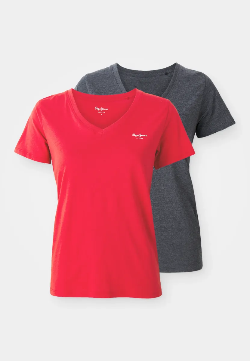 MACY V NECK 2 PACK - T-Shirt basic - royal red/dark marl grey