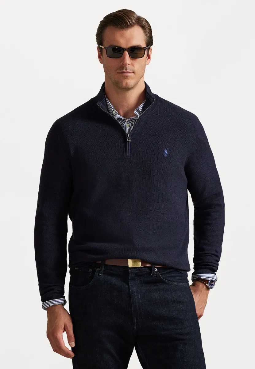 MESH-KNIT COTTON QUARTER-ZIP SWEATER - Strickpullover - navy heather