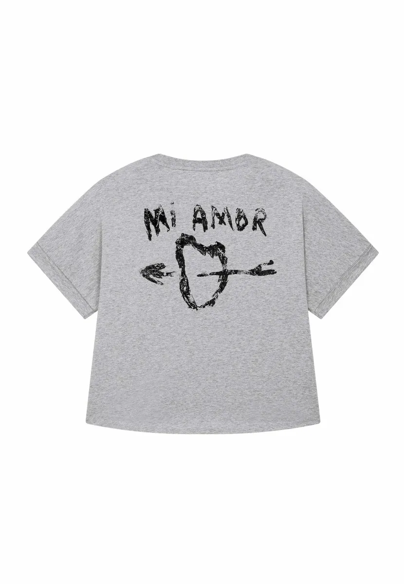 MI AMOR BACK PRINT ROLLUP TEE OVERSIZED - T-Shirt print - mottled grey