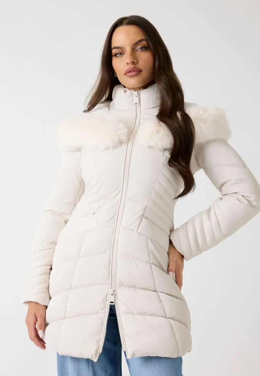 MIT KUNSTPELZ-KAPUZE - Wintermantel - beige