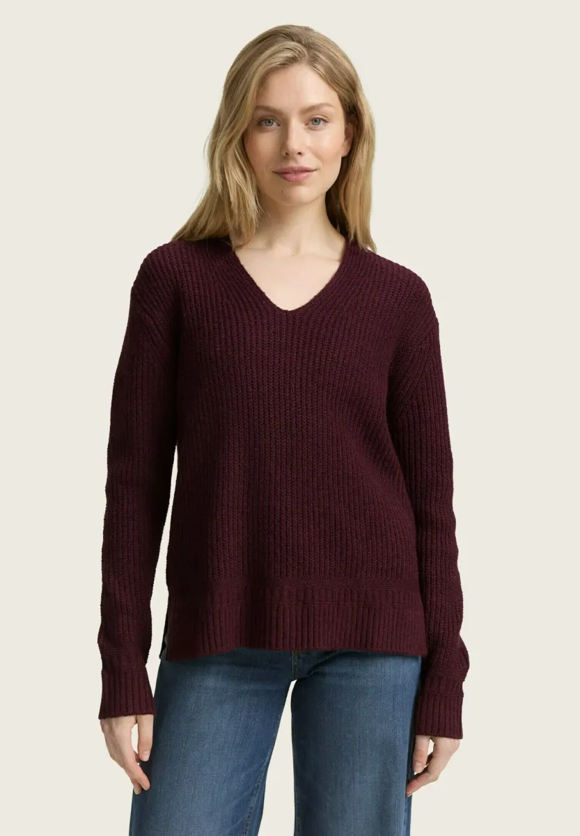 MIT V-AUSSCHNITT - Strickpullover - dark red mélange