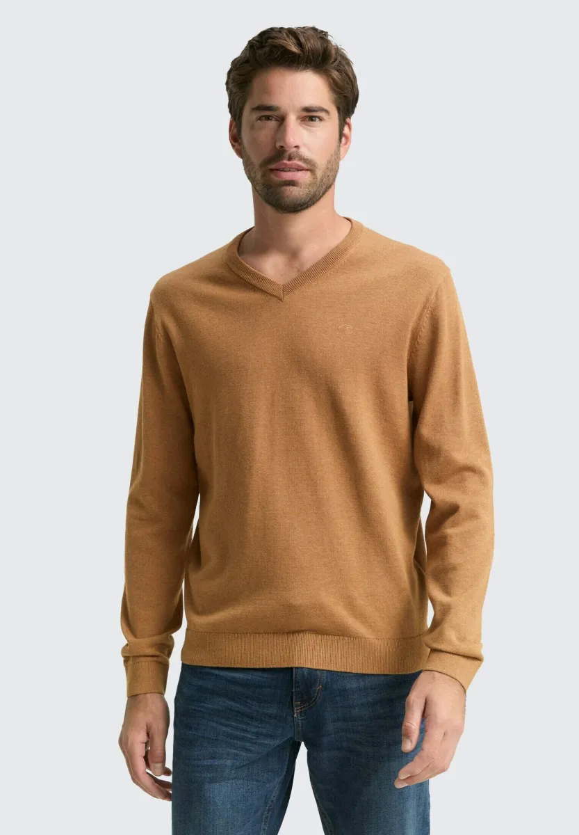 MIT V-AUSSCHNITT - Strickpullover - mid brown melange