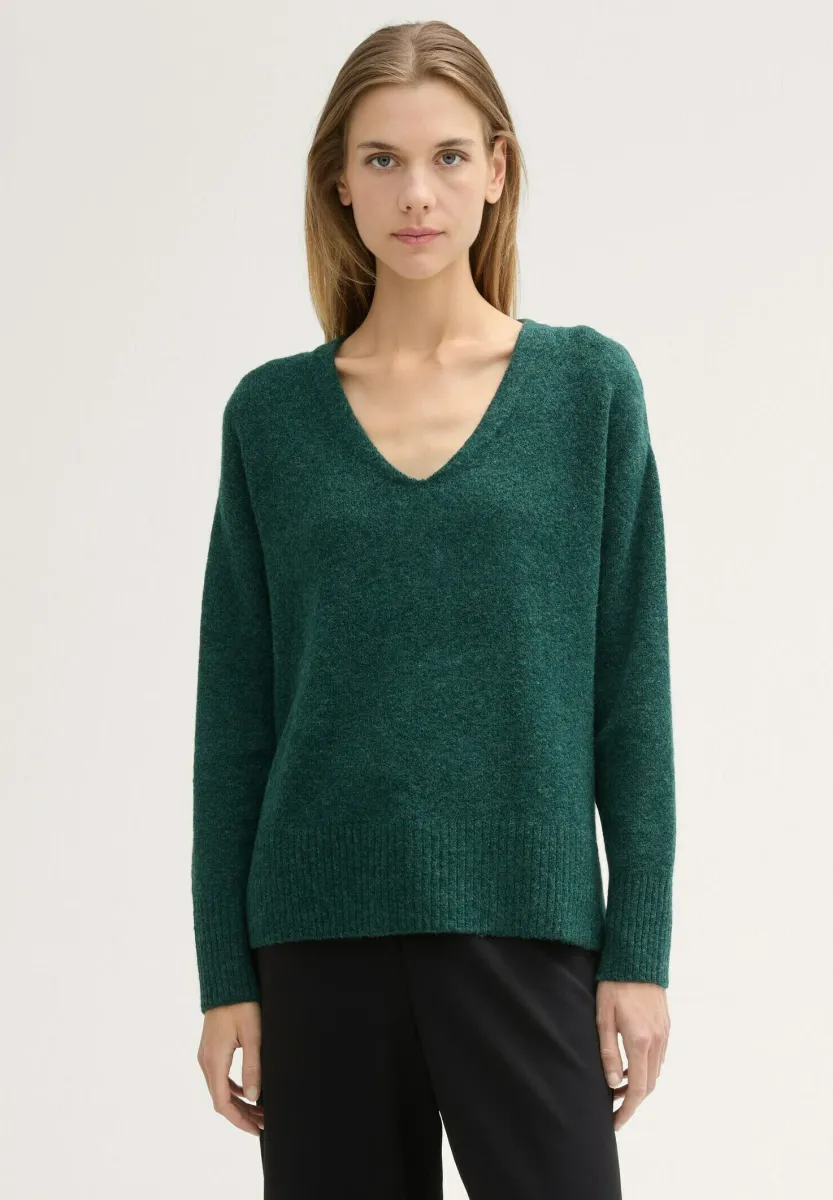 MIT V-AUSSCHNITT - Strickpullover - midnight forest green mélange