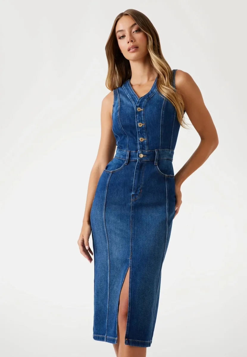 MITTELLANGES BODYCON - Jeanskleid - blau