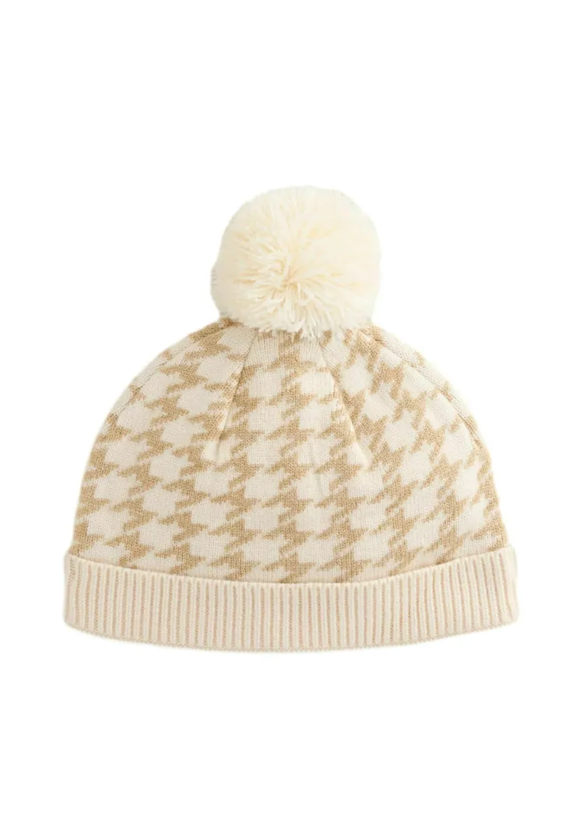 Mütze - neutral dogtooth knitted pom