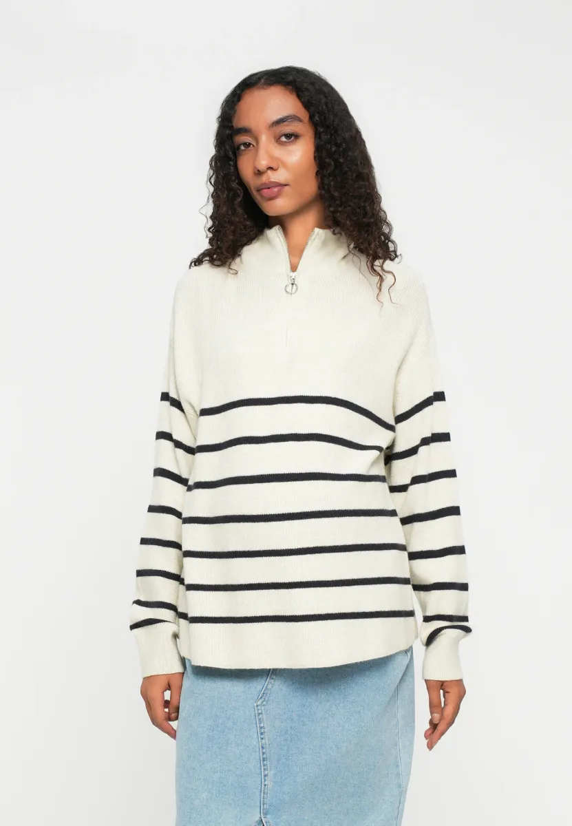 OLMIBI HIGHNECK ZIP - Strickpullover - pumice stone/dark navy
