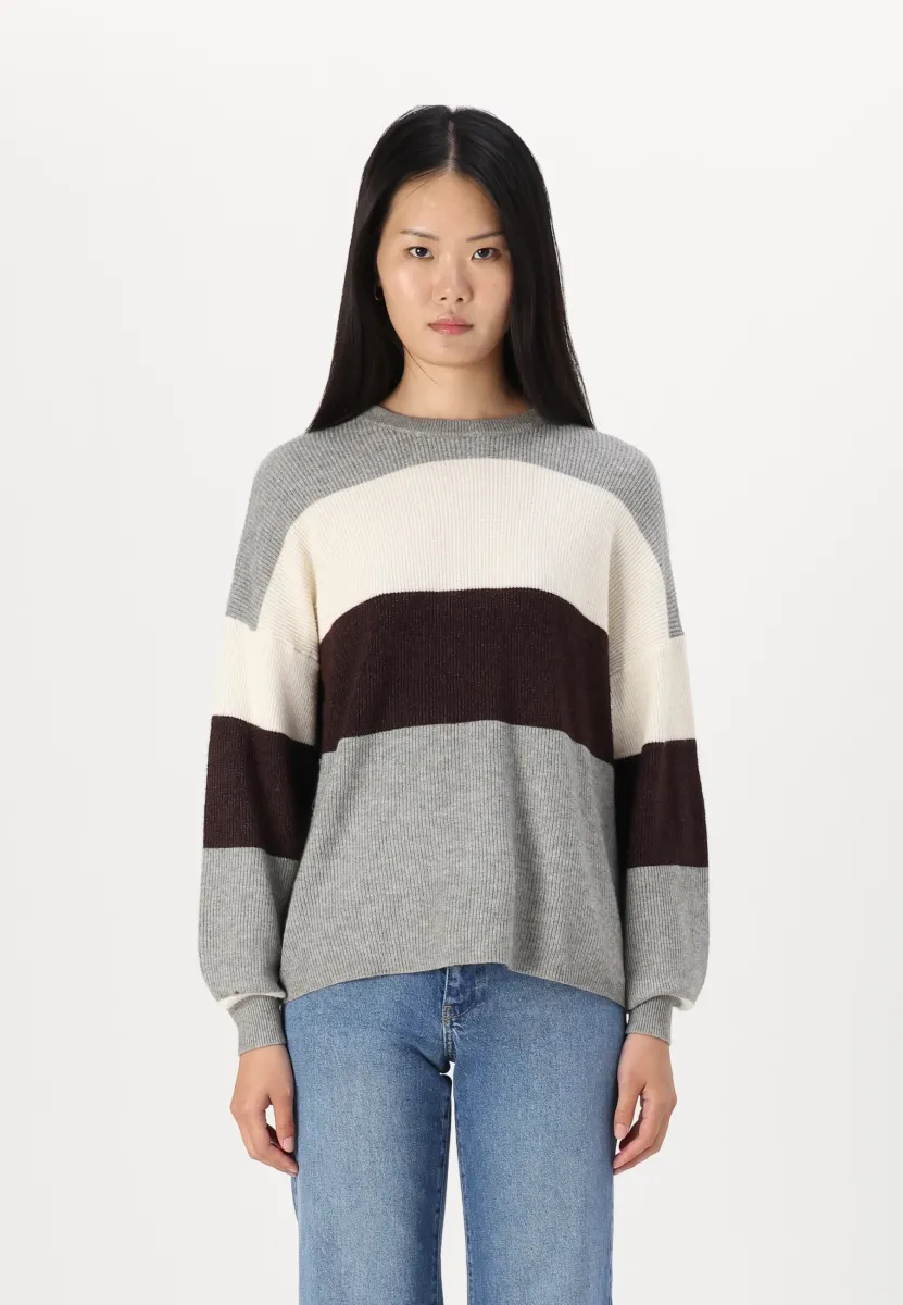 ONLATIA STRIPE - Strickpullover - medium grey melange/whitecap gray/chicory coffee