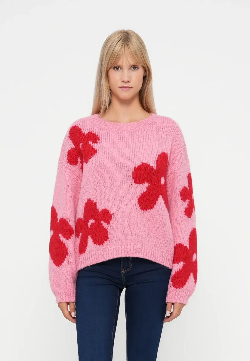 ONLBOOTLE LIFE FLOWER O NECK - Strickpullover - wild rose/salsa