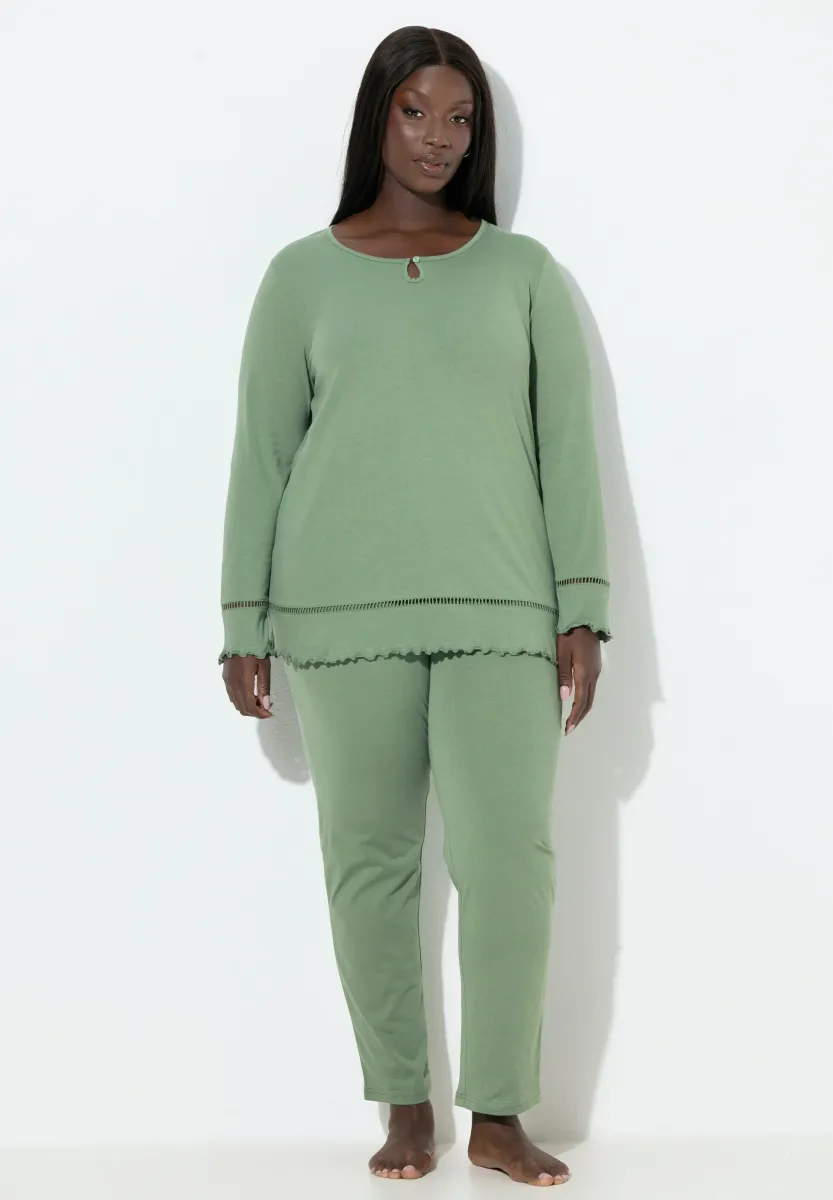 OURLET AJOURÉ LISIÈRES ONDULÉES COL ROND MANCHES LONGUES SET - Nachtwäsche Set - khaki