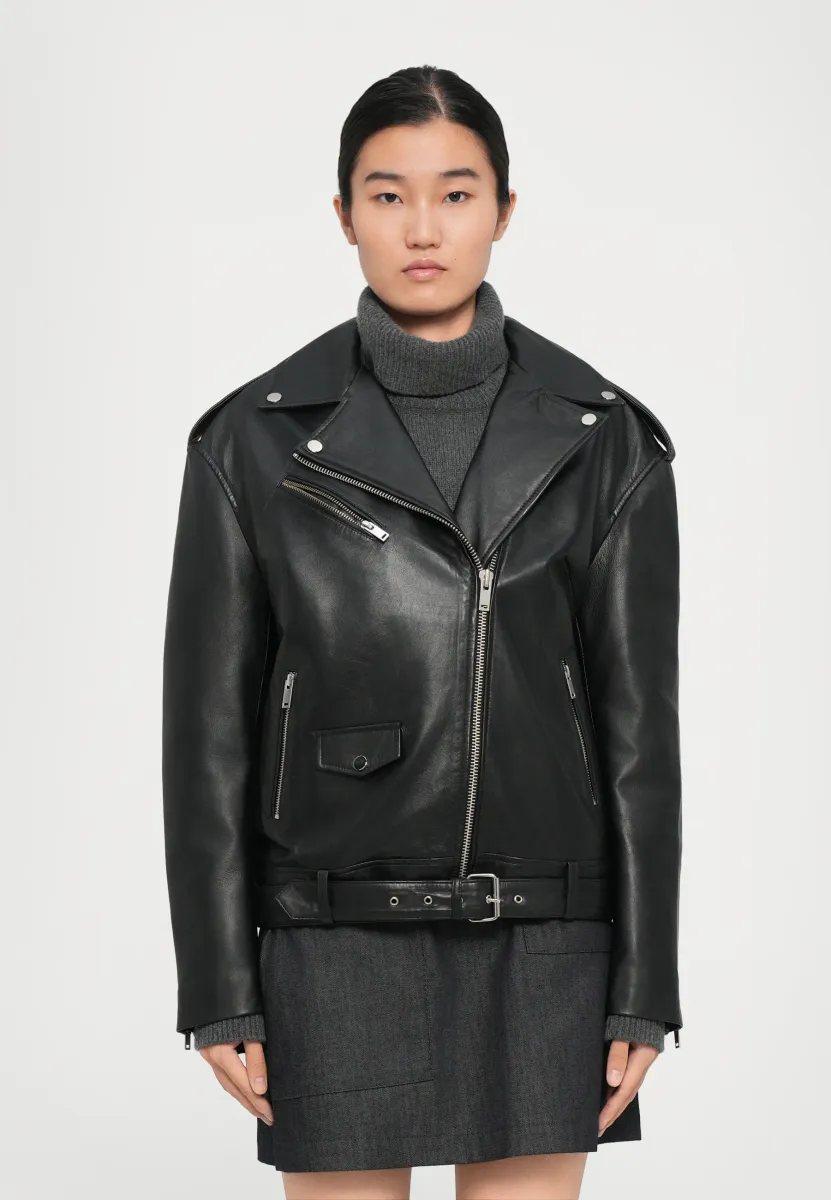 OVERSIZE BIKER JACKET - Lederjacke - black