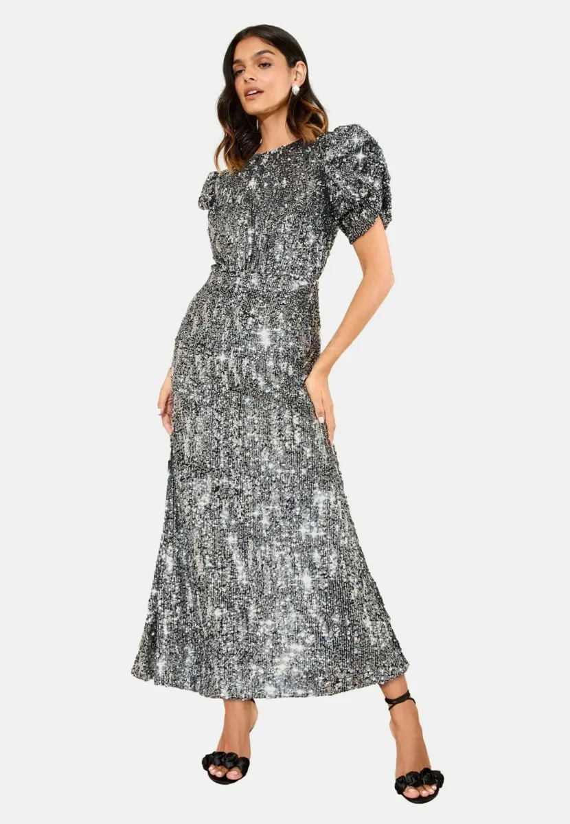 PETITE FIT - X LUCY MECKLENBURGH RUCHED PUFF SLEEVE SEQUIN - Cocktailkleid/festliches Kleid - silver