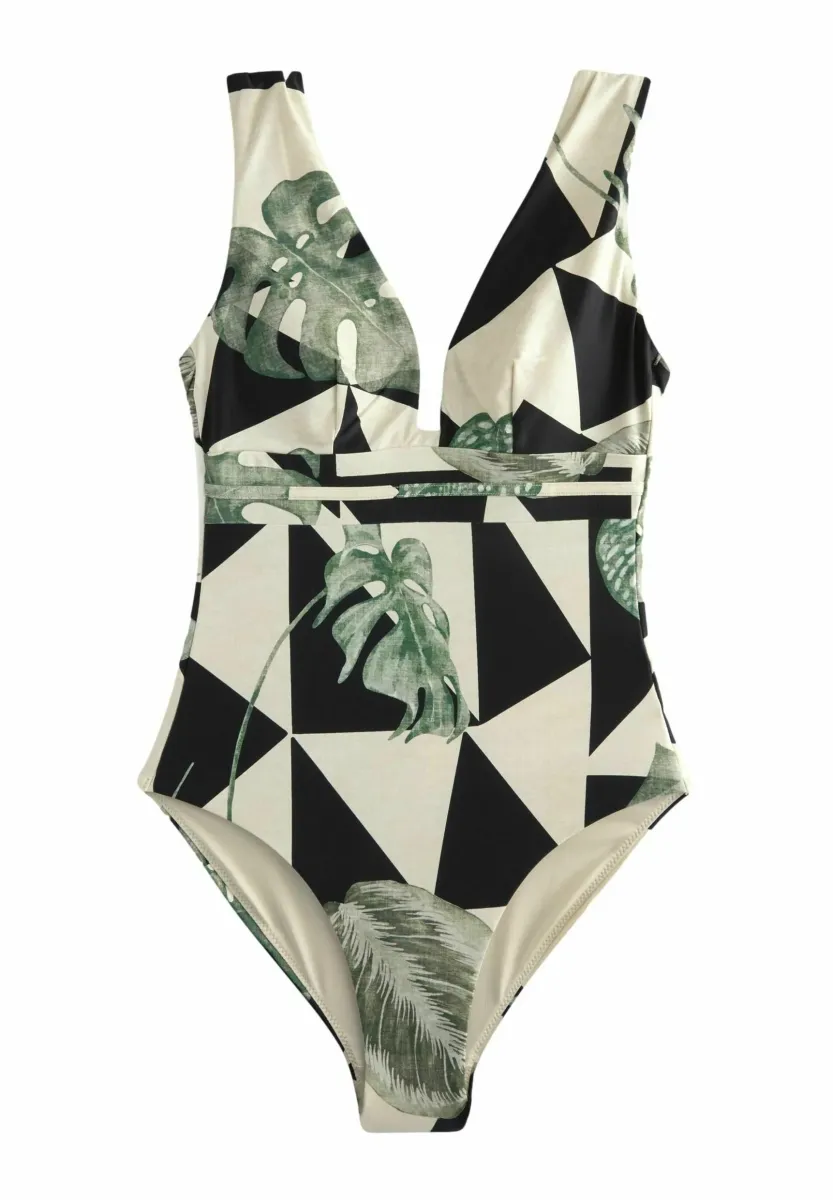 PLUNGE TUMMY CONTROL - Badeanzug - khaki ecru leaf