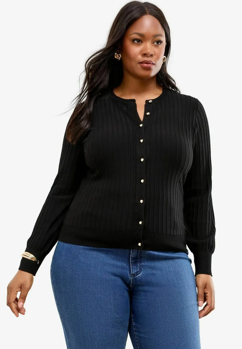 PLUS SIZE FIT CREW NECK BUTTONED - Strickjacke - black