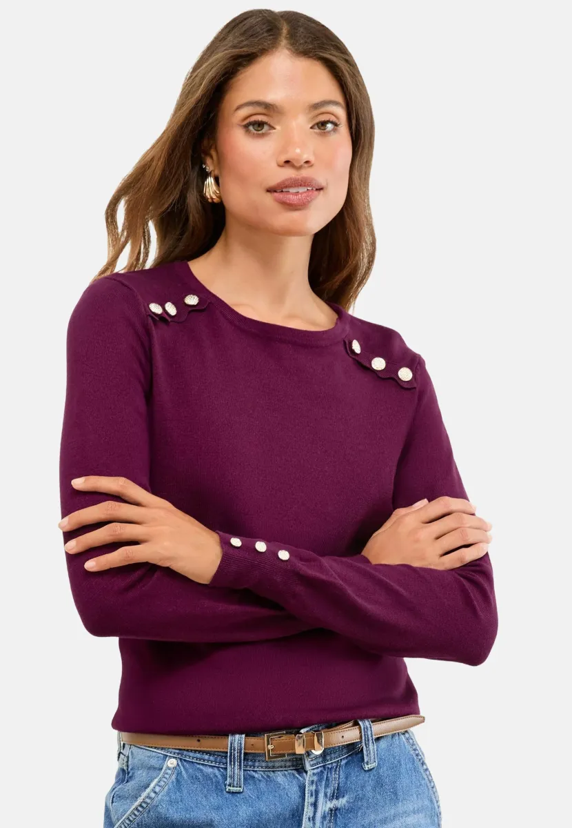 PLUS SIZE FIT - SCALLOP BUTTONED CREW NECK JUMPER . - Strickpullover - burgundy red