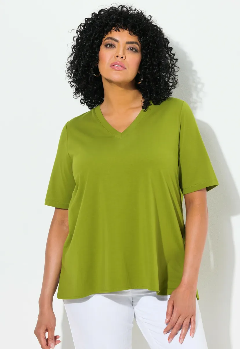 POPLIN BACK SHORT SLEEVE V-NECK TEE - Bluse - grass green
