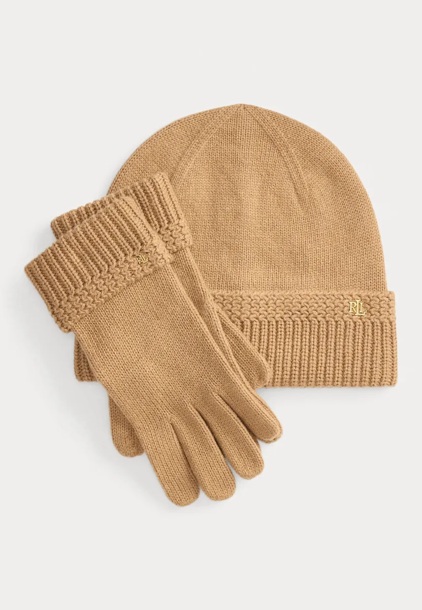 RACK-STITCHED KNIT BEANIE & GLOVE SET - Fingerhandschuh - classic camel