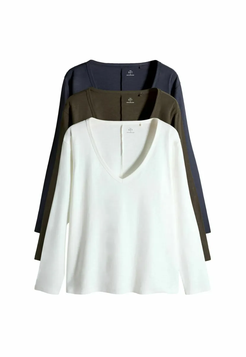 REGULAR FIT - 3 PACK DEEP V-NECK   . - Langarmshirt - navy khaki cream