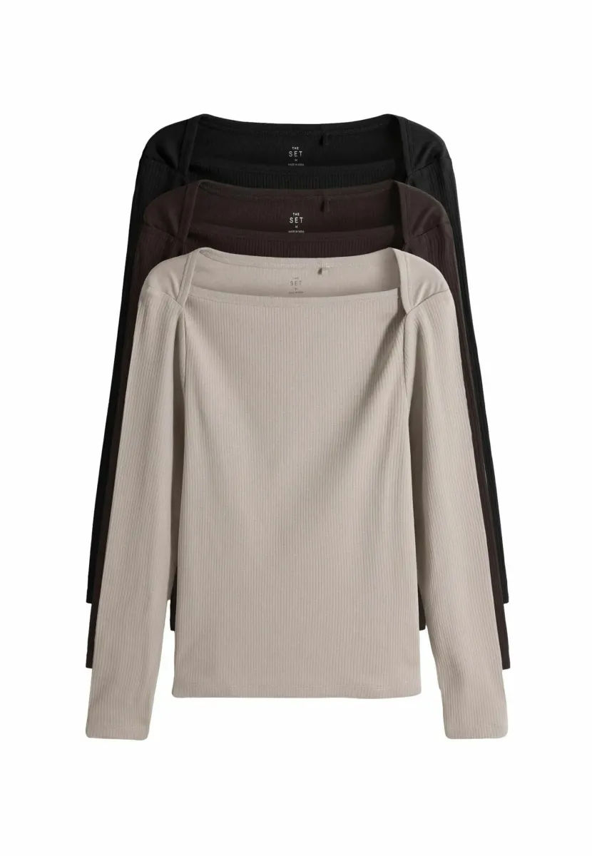 REGULAR FIT - 3 PACK ENVELOPE NECK LONGSLEEVE  - Langarmshirt - black brown taupe