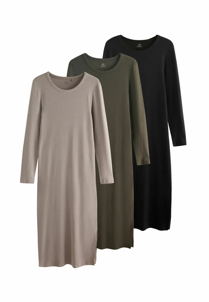 REGULAR FIT - 3 PACK LONG SLEEVE MIDI - Strickkleid - black khaki neutral
