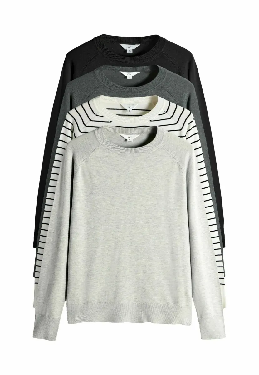 REGULAR FIT - 4 PACK CREW NECK - Strickpullover - black charcoal grey black cream stripe