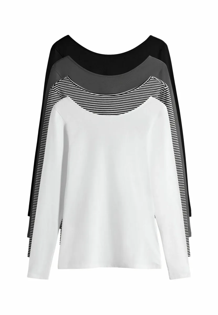 REGULAR FIT - 4 PACK SCOOP BACK  - Langarmshirt - black charcoal grey stripe white