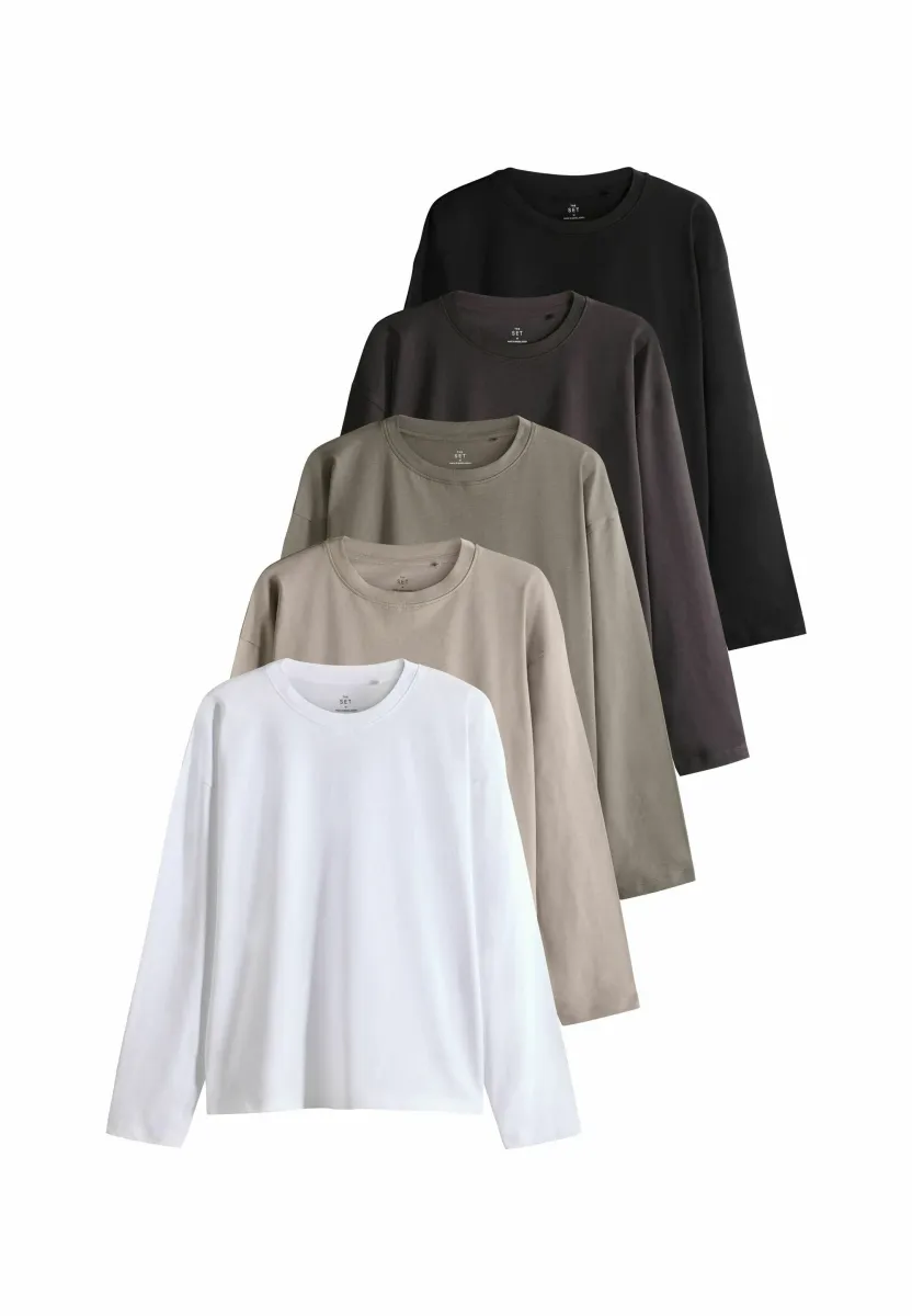 REGULAR FIT - 5 PACK - Langarmshirt - black/chocolate brown/taupe/ brown/neutral white