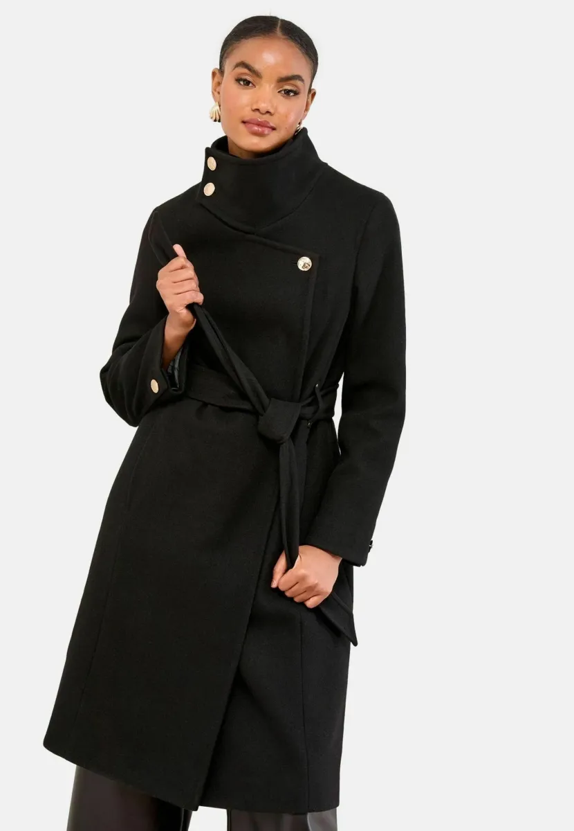 REGULAR FIT - ASYMMETRICAL FUNNEL NECK BELTED - Klassischer Mantel - black