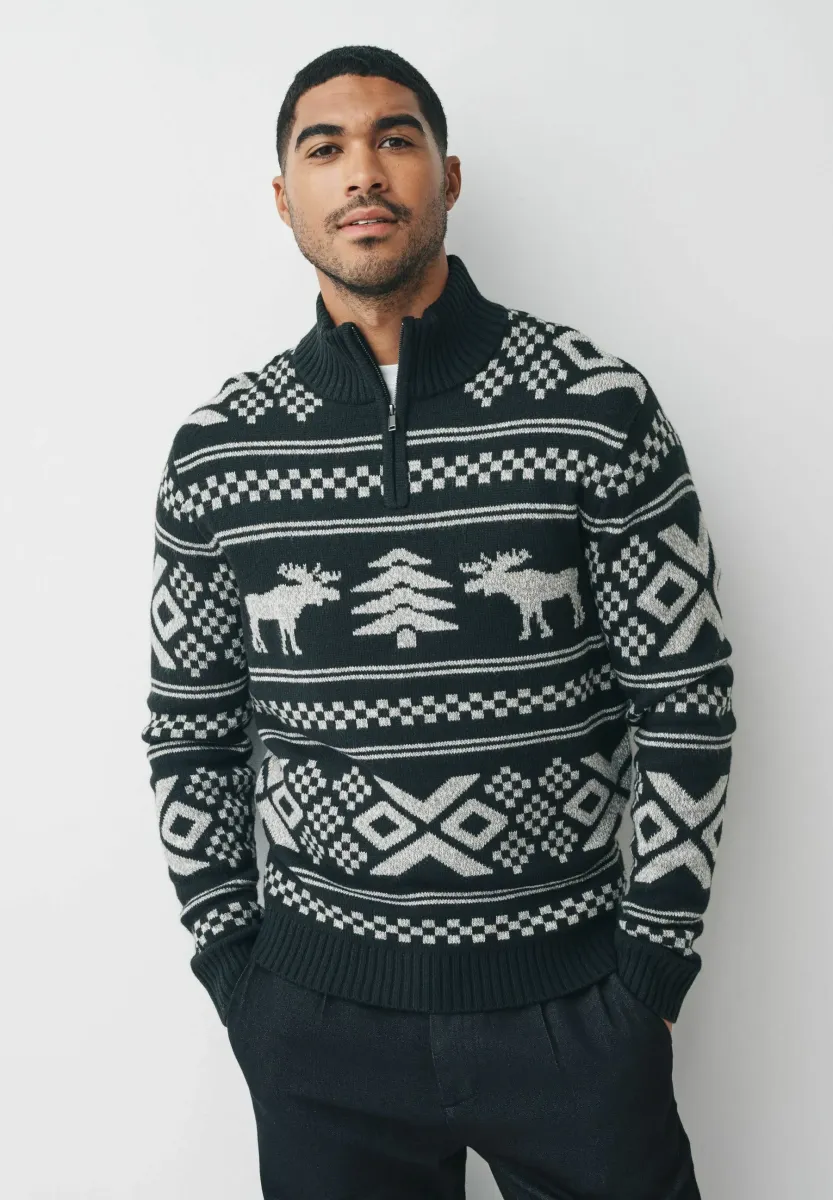 REGULAR FIT - CHRISTMAS STAG QUARTER ZIP NECK - Strickpullover - black white