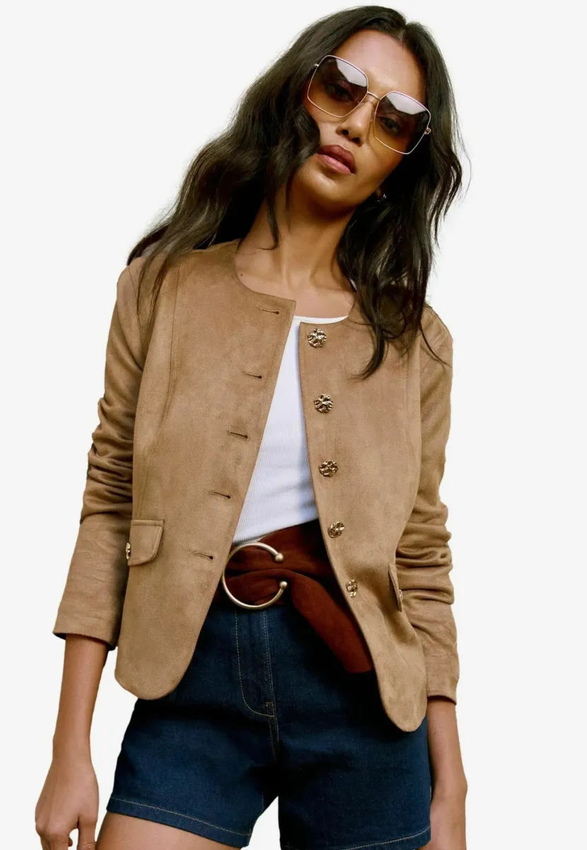 REGULAR FIT COLLARLESS - Kunstlederjacke - camel suedette