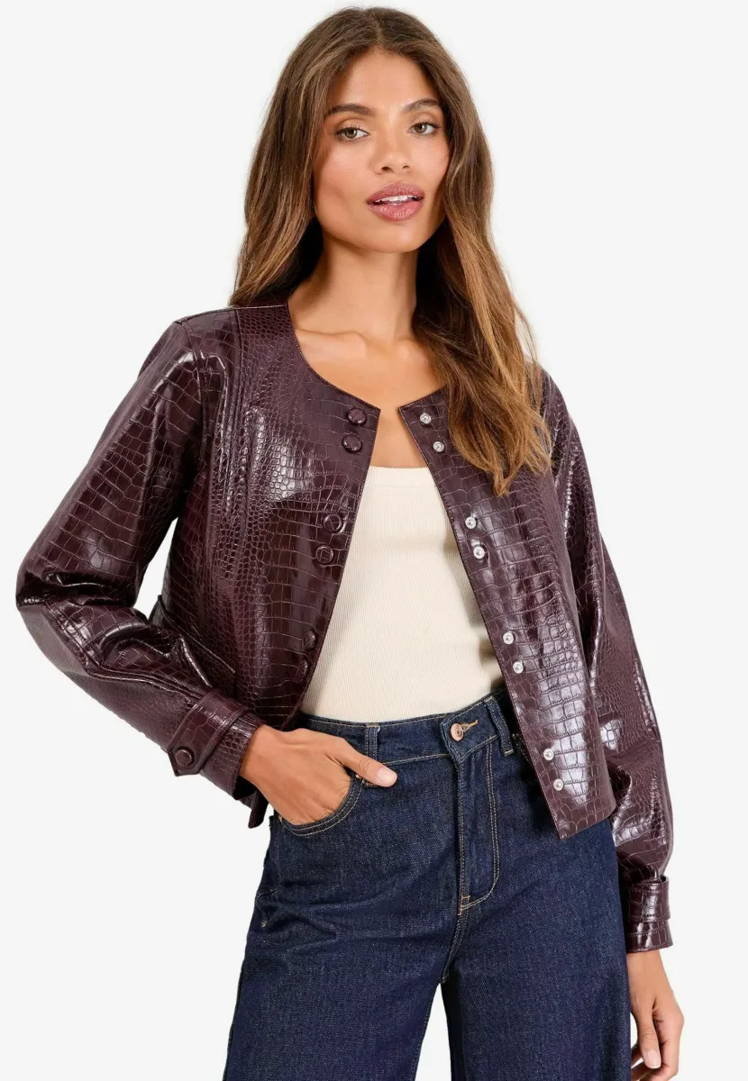 REGULAR FIT COLLARLESS - Kunstlederjacke - cherry red croc faux leather