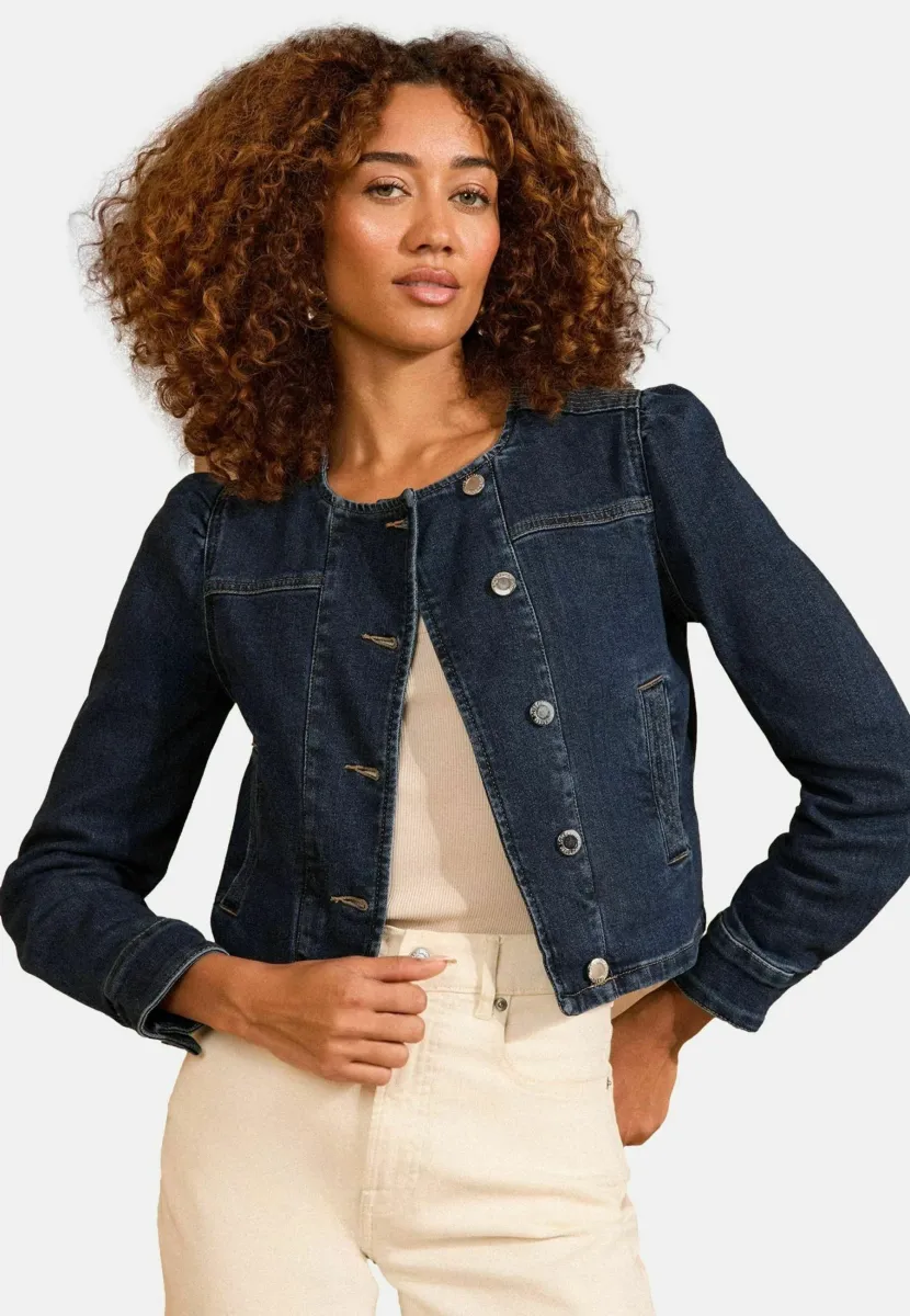 REGULAR FIT - COLLARLESS PUFF SLEEVE  - Jeansjacke - dark wash blue denim