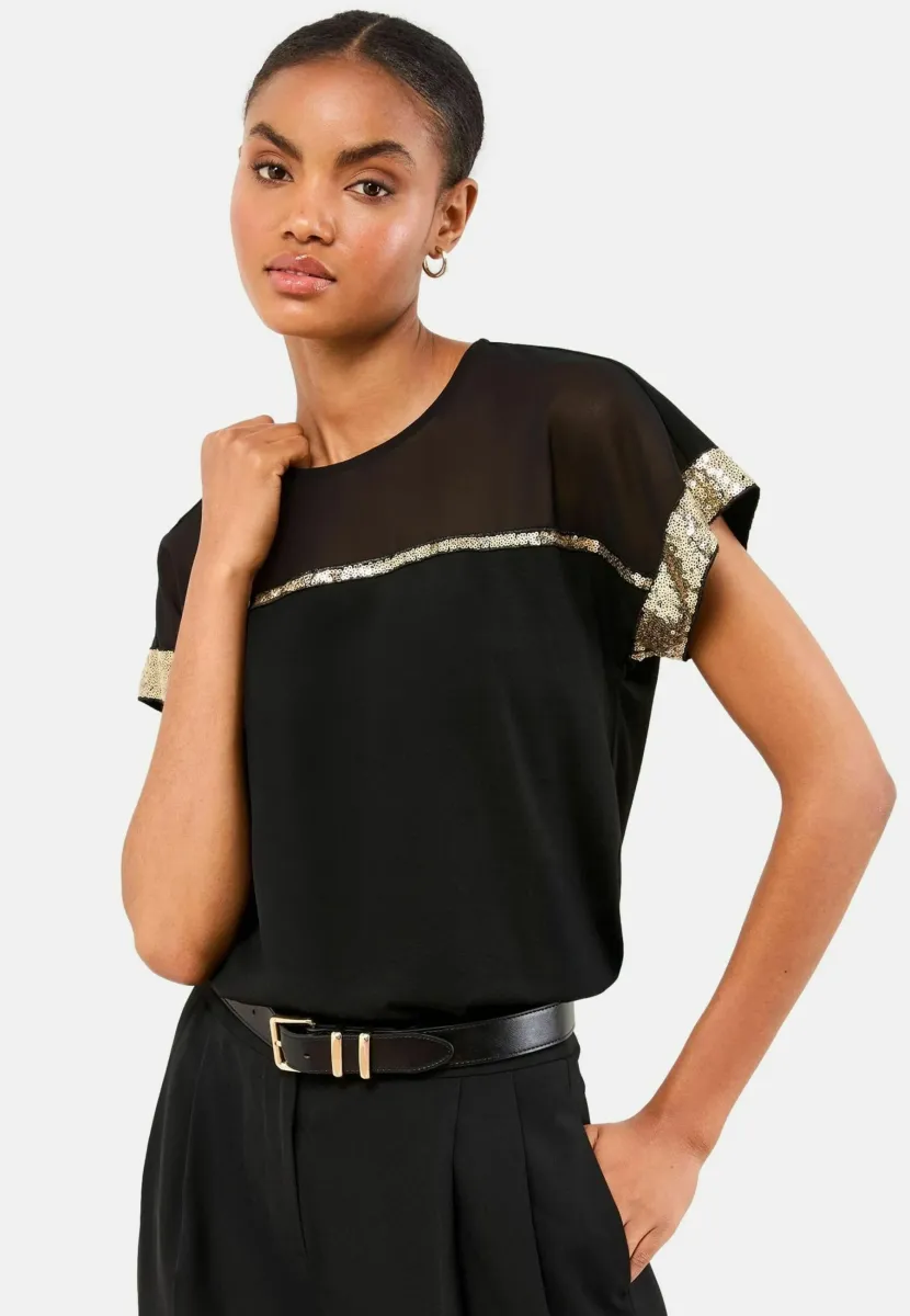 REGULAR FIT - CREW NECK  - T-Shirt print - black mesh gold sequin