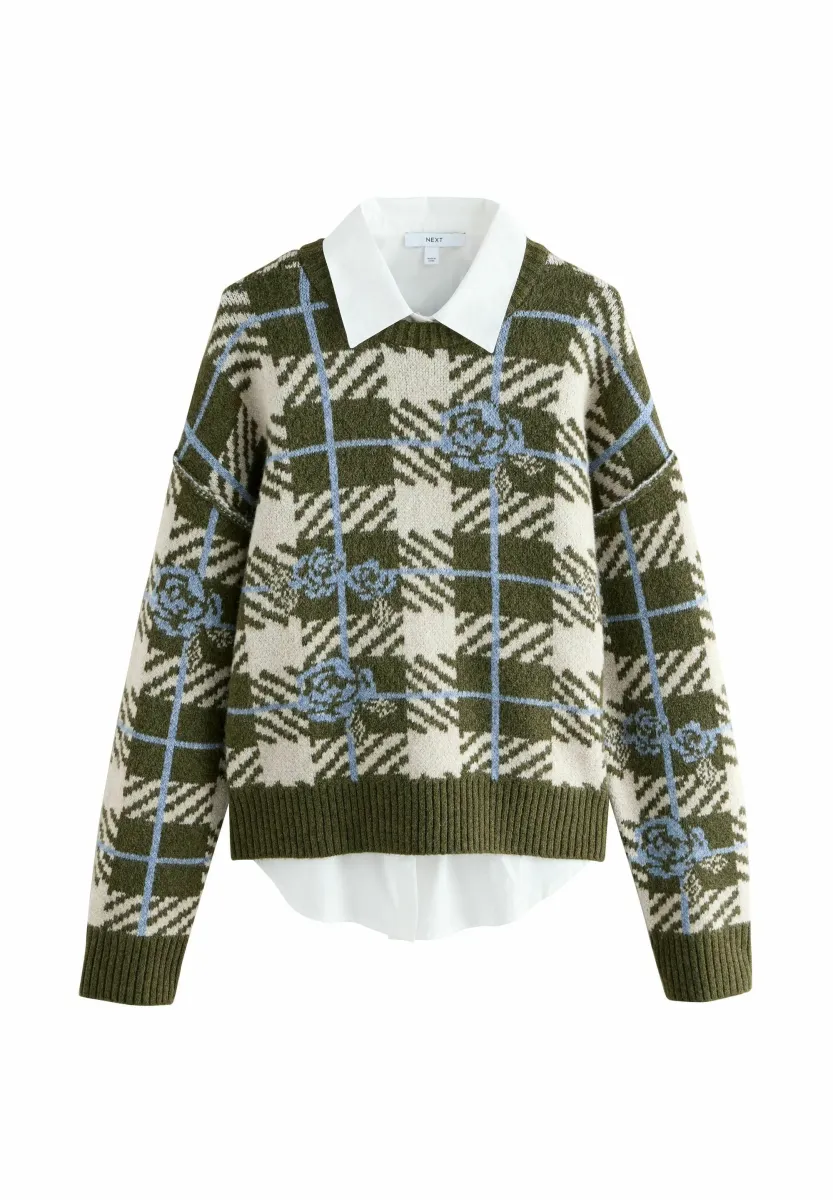 REGULAR FIT - FLORAL CHECK LAYER  - Strickpullover - khaki green