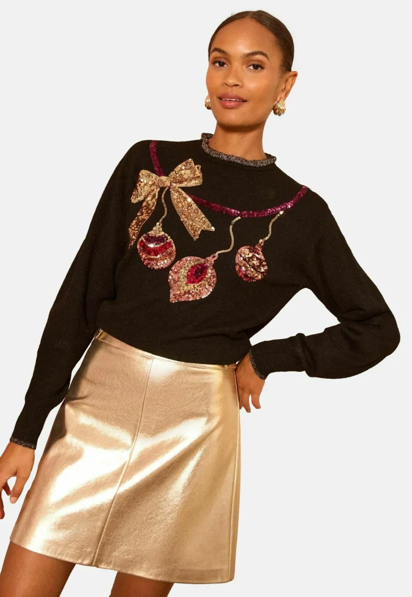REGULAR FIT - FRILL NECK COSY - Strickpullover - black sequin bauble