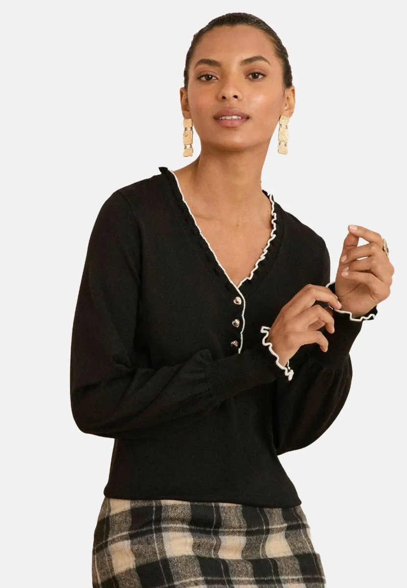 REGULAR FIT - FRILL V-NECK BUTTON  - Strickpullover - black tipped
