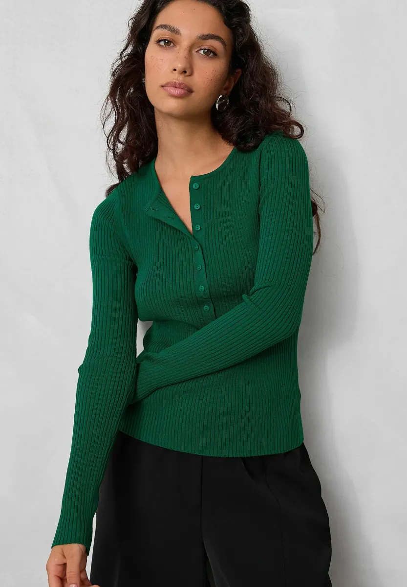REGULAR FIT - LONG SLEEVE HENLEY - Strickpullover - dark green