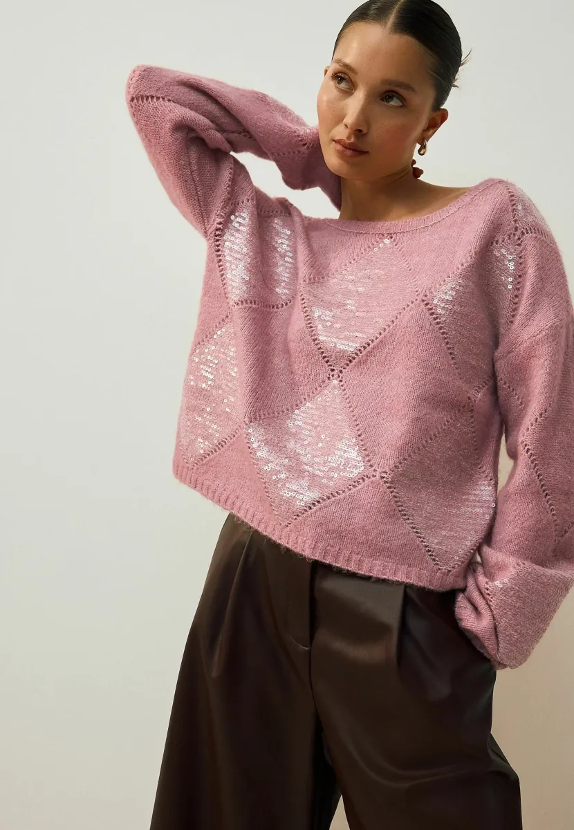 REGULAR FIT - OFF THE SHOULDER SEQUIN ARGYLE  - Strickpullover - blush pink