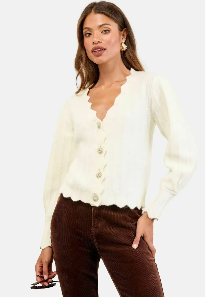 REGULAR FIT - SCALLOP TRIM V-NECK EMBELLISHED BUTTON  - Strickjacke - ivory