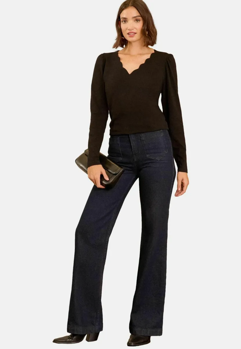 REGULAR FIT - SCALLOP V-NECK  - Langarmshirt - black