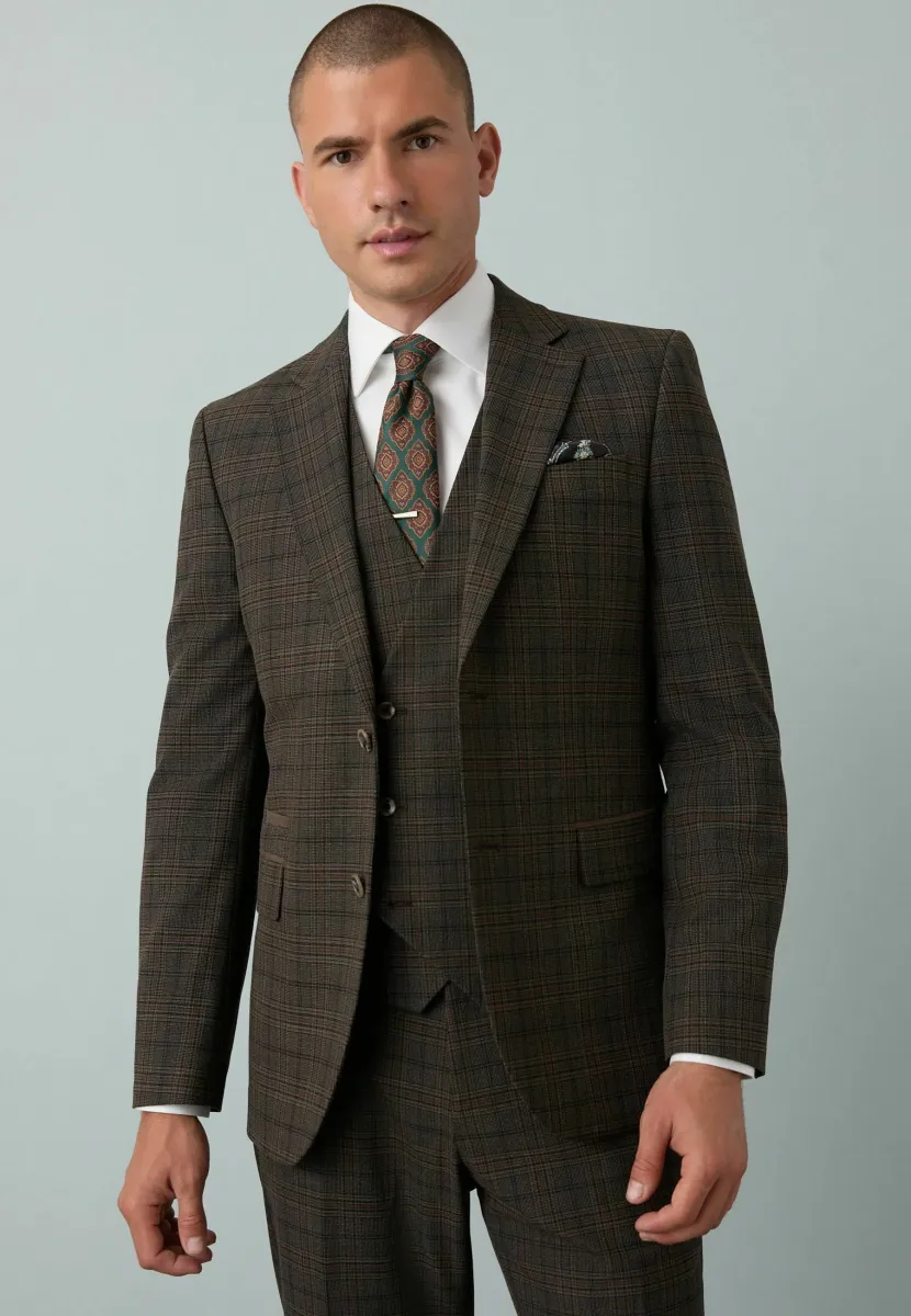 REGULAR FIT SLIM FIT TRIMMED CHECK SUIT  - Sakko - brown