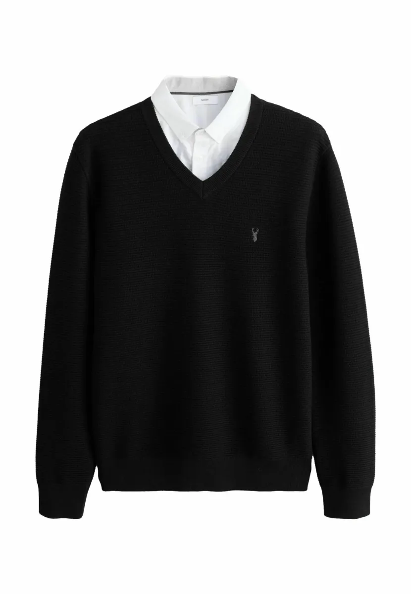 REGULAR FIT TEXTURED OXFORD V-NECK MOCK - Strickpullover - black