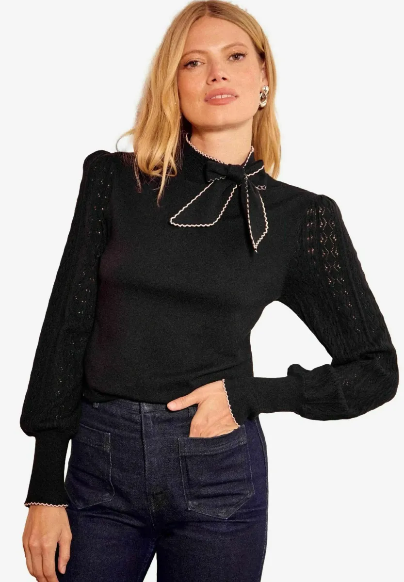 REGULAR FIT - TIE NECK  - Strickpullover - black
