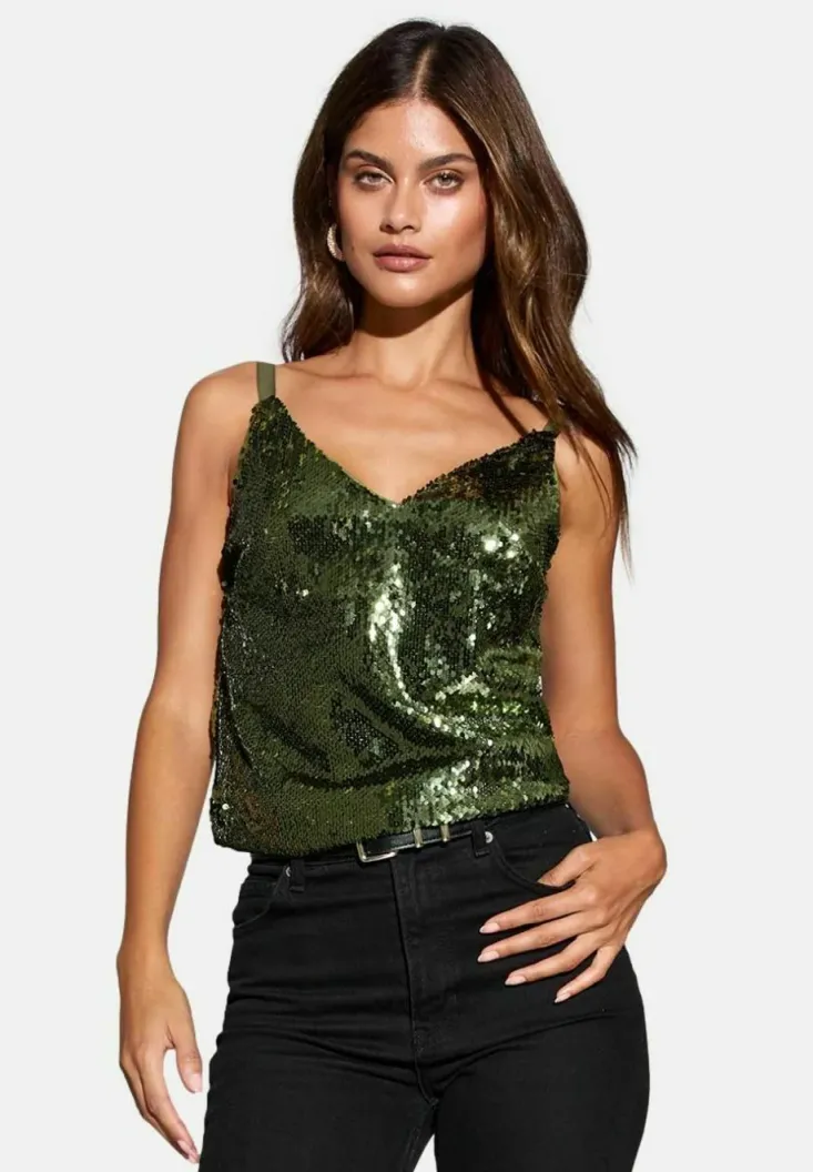 REGULAR FIT - Top - olive green sequin