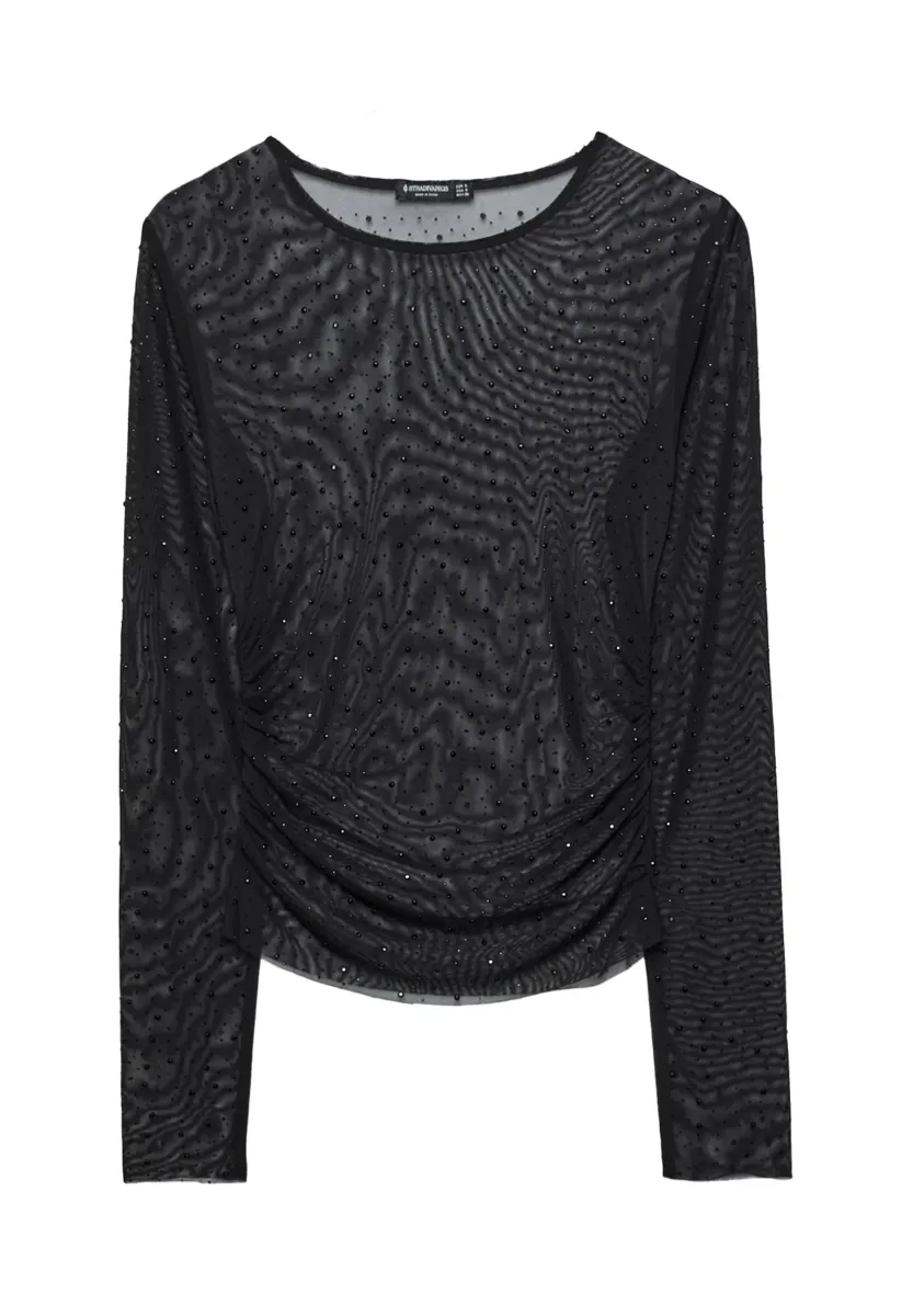 SEMI-SHEER WITH RHINESTONES AND GATHERING - Bluse - black