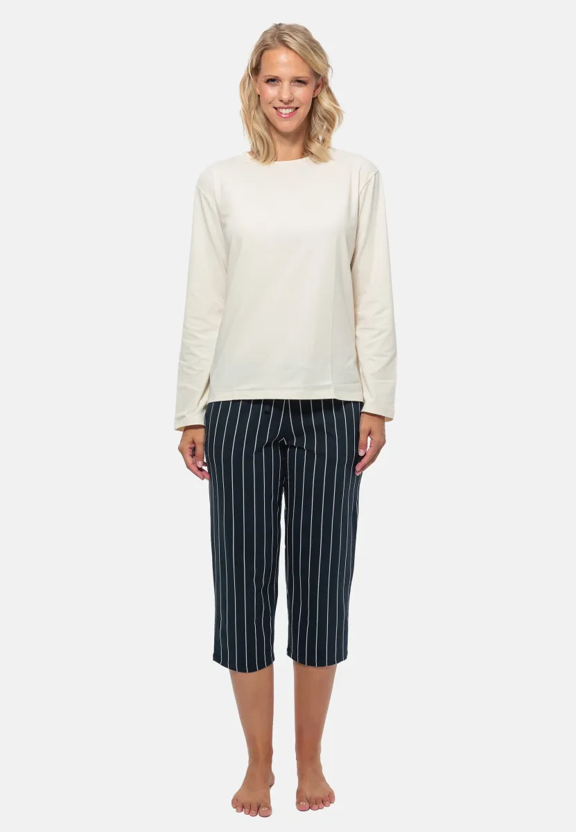 SET - Nachtwäsche Set - blau gestreift   creme